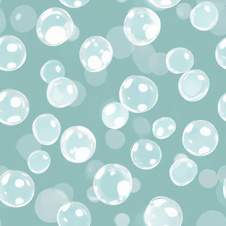 A fun bubble bath pattern, with transparent soapy bubbles floating on a light blue background, creating a cheerful and fresh designの素材