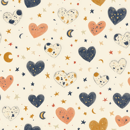 A charming storybook-inspired heart pattern, where each heart contains tiny whimsical doodles like stars, moons, and animalsの素材