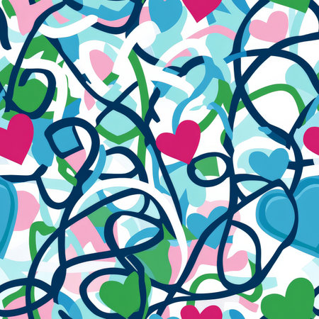 A pattern of interwoven hearts, circles, and lines, with a playful color scheme of blues, greens, and pinks. The design is energetic and vibrant, perfect for kids' room accessoriesの素材