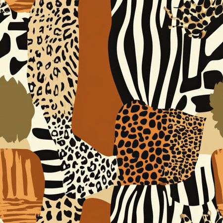 A playful African animal print pattern featuring stylized zebra stripes, leopard spots, and giraffe patches in earthy tonesの素材