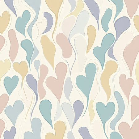 A seamless heart wave pattern, where hearts flow in curved, wave-like formations in soft and warm pastel tones. A calming and gentle design for baby productsの素材