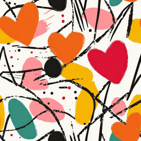 A modern, dynamic pattern with large dots, hearts, and crisscrossing lines in bright, contrasting colors. The energetic design is perfect for kids' accessories or room decorの素材