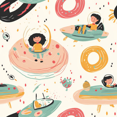 A fun spaceship pattern with children piloting UFOs, discovering friendly aliens and glowing space donutsの素材