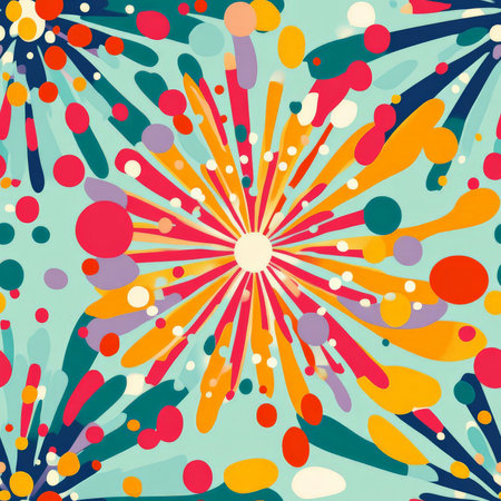 A quirky and colorful dot explosion pattern, with large and small circles bursting in various directions in a cartoon-like style. A fun and energetic designの素材