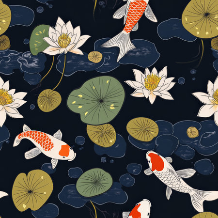 A seamless Japanese koi pond pattern, featuring floating lily pads, lotus flowers, and gracefully swimming koi fishの素材