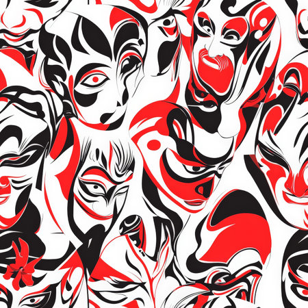 A dynamic Chinese opera mask pattern, where vividly painted faces in red, black, and white create a dramatic and theatrical effectの素材