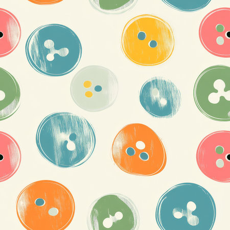 A playful mix-and-match button pattern, where colorful circles resemble cute, vintage sewing buttons scattered randomlyの素材