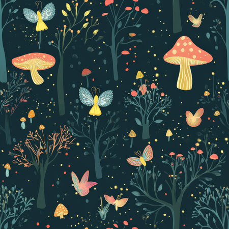 A seamless pattern of enchanted forests, with glowing mushrooms, talking trees, and tiny fairy wings flutteringの素材