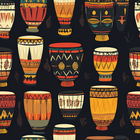 A seamless pattern of African storytelling drums, each drum painted with unique cultural symbols and rhythmic motifsの素材