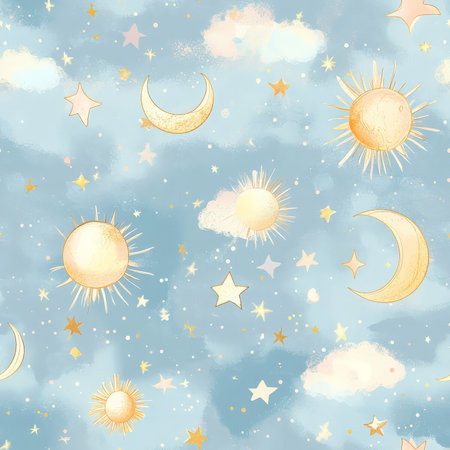 A whimsical celestial pattern, where golden sun circles and glowing stars float on a soft pastel night skyの素材