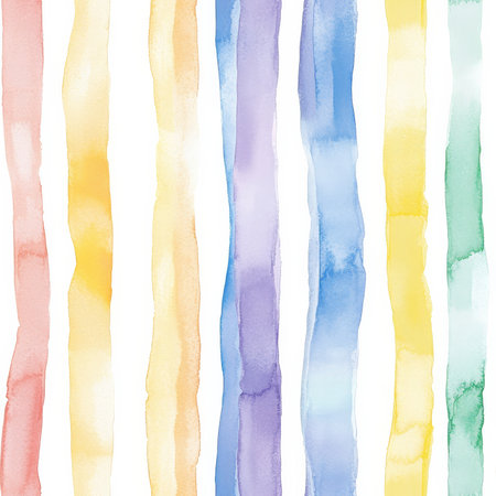 A whimsical rainbow stripe pattern, with soft watercolor lines blending gently into each other on a white background. A dreamy design for kids' apparel and decorの素材