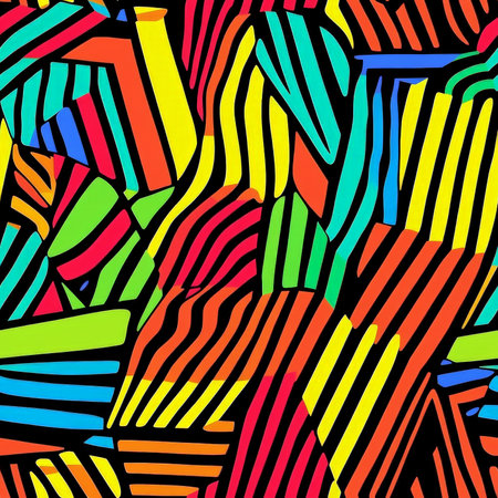 A funky geometric line pattern, where bold and thick striped shapes overlap and intersect in vibrant neon colorsの素材