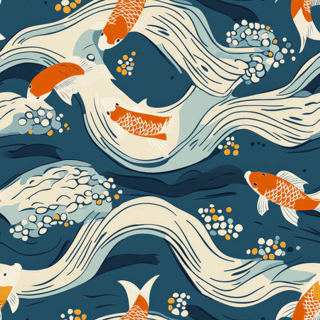 A Japanese-inspired koi fish pattern, where graceful swimming fish glide through stylized water waves in soft blues and orangesの素材