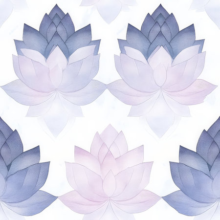 A delicate Thai lotus flower pattern, with soft watercolor petals arranged in a repeating symmetrical design, inspired by Buddhist artの素材