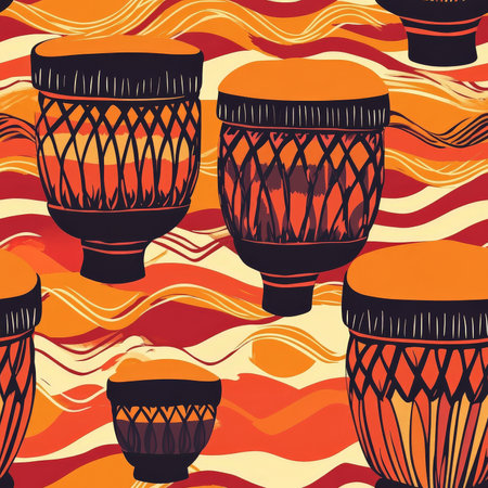 A bold African drum pattern, with repeating Djembe and talking drum silhouettes surrounded by rhythmic wave patternsの素材