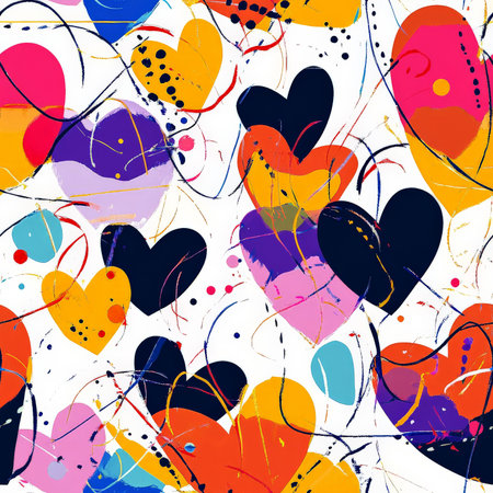 Bold, multi-colored hearts and circles, intertwined with delicate lines and dots, creating a lively, energetic design perfect for kids' clothing or accessoriesの素材