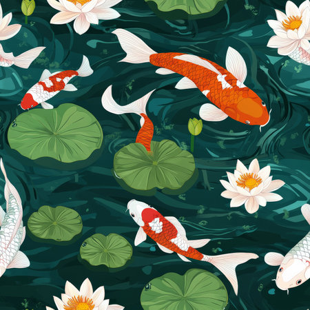 A seamless Japanese koi pond pattern, featuring floating lily pads, lotus flowers, and gracefully swimming koi fishの素材