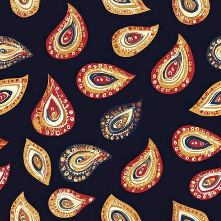 A seamless paisley pattern inspired by Indian textiles, featuring teardrop-shaped motifs in warm red, gold, and deep blue huesの素材