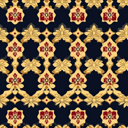 A symbolic Ethiopian Coptic cross pattern with repeating religious motifs in gold, red, and deep blueの素材