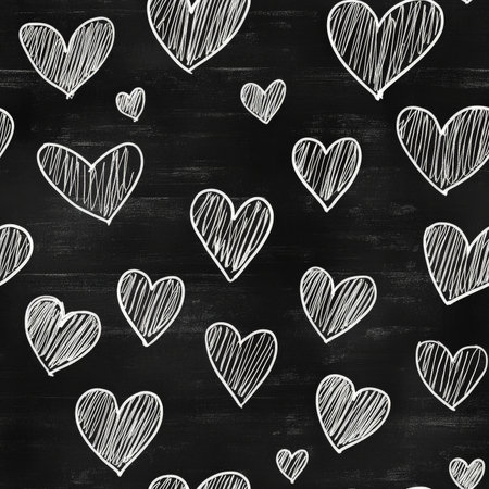 A chalkboard-style heart pattern, with white hand-drawn hearts on a black background, resembling doodles on a school chalkboardの素材