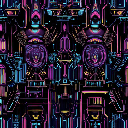 A stylized Afro-futuristic pattern blending traditional tribal elements with high-tech neon circuitry motifsの素材
