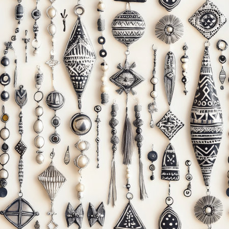 A delicate desert Tuareg jewelry pattern, with intricate silver beads, hand-etched amulets, and geometric talismansの素材