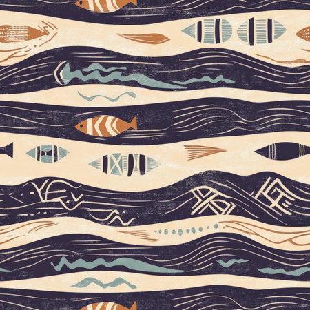A soothing African river pattern with flowing water textures, tribal boat motifs, and fish swimming in rhythmic wavesの素材