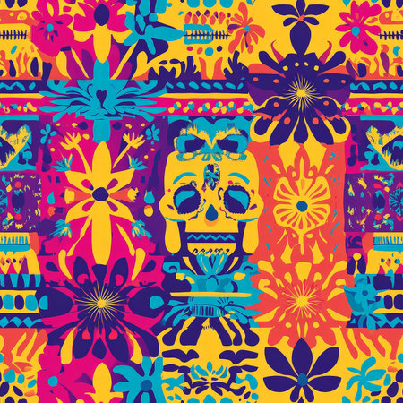 A festive Papel Picado pattern with intricate cut-out paper designs of flowers, skulls, and folkloric elements in bright, cheerful colorsの素材