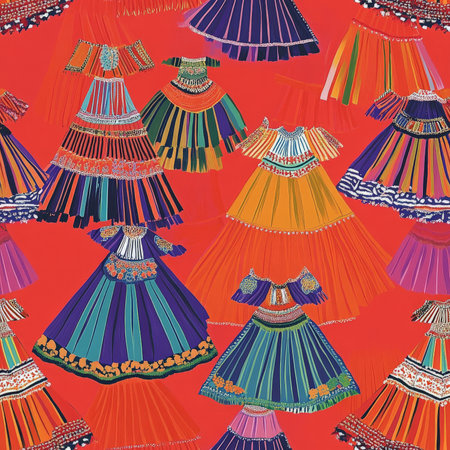 A classic Bolivian Cholita fashion pattern, featuring bright layers of pleated skirts and embroidered shawls in a repeating textile designの素材