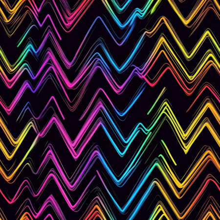 A funky zigzag line pattern with vibrant neon colors against a dark background, creating a cool and energetic look for kids' accessoriesの素材