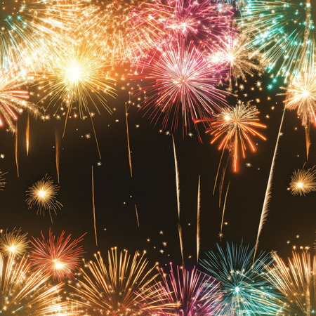 A celebratory birthday fireworks pattern with bursts of colorful sparks in a dark night skyの素材