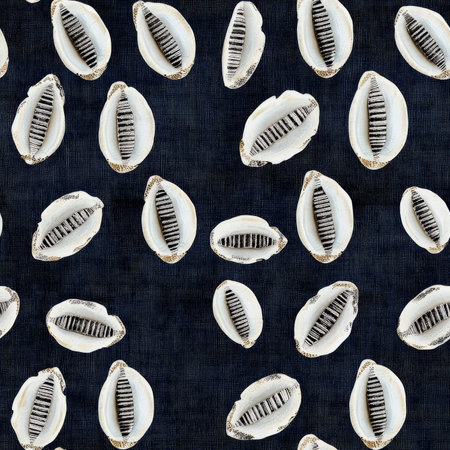 A seamless pattern of African cowrie shells, arranged in a repeating motif over a deep indigo-dyed fabric textureの素材