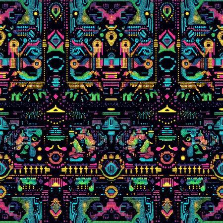 A sacred Huichol beadwork pattern with mesmerizing, symmetrical neon-colored dots forming intricate animal and nature-inspired designsの素材