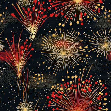 A festive Japanese fireworks festival pattern, where bursting fireworks in vivid reds and golds light up a dark night skyの素材