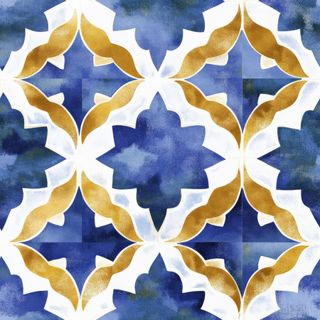A Moroccan tile pattern with interwoven arabesque floral designs in blue, gold, and white, inspired by traditional Zellige mosaicsの素材