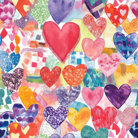 A playful patchwork of different heart textures, including watercolor, glitter, and fabric-style patterns, combined into one vibrant designの素材