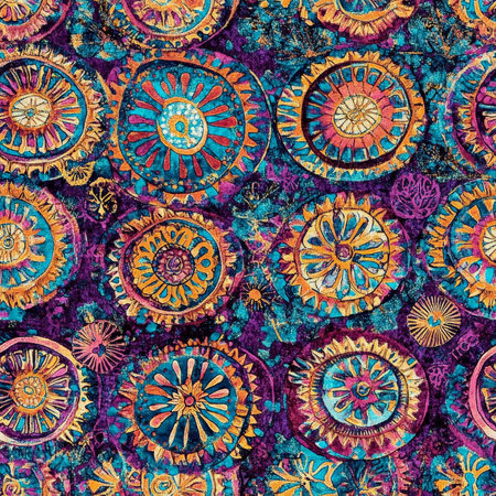 A bold and ornate Hindu mandala pattern, filled with concentric floral and geometric shapes in radiant jewel tonesの素材