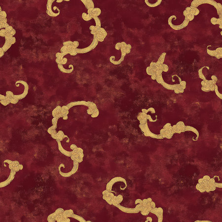 A delicate Chinese cloud pattern with swirling, golden cloud motifs over a deep red background. A traditional and elegant design for Asian-inspired decorの素材