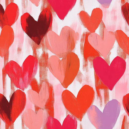 A textured pattern of brushstroke hearts in bold red, pink, and coral hues, giving a painted artistic feel. Great for handmade-style children's fabric or wallpaperの素材
