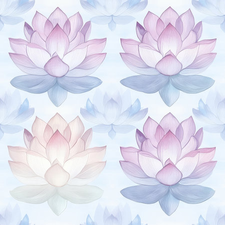 A delicate Thai lotus flower pattern, with soft watercolor petals arranged in a repeating symmetrical design, inspired by Buddhist artの素材