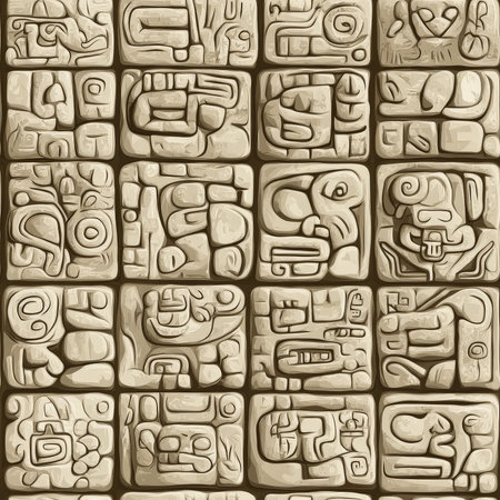A seamless Mayan glyph pattern with ancient symbols and intricate carvings in a textured stone-like background, inspired by Central American archeologyの素材