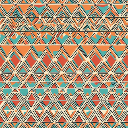 A seamless Aztec geometric pattern with bold triangular and diamond shapes in earthy tones of red, orange, and turquoise, inspired by ancient Mesoamerican designsの素材