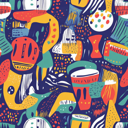 A vibrant Afrobeat music-inspired pattern featuring hand-drawn African drums, guitars, and rhythmic waveformsの素材