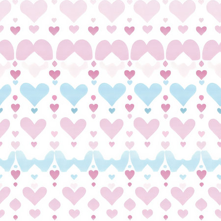 A geometric pattern of overlapping hearts, dots, and lines, arranged in a symmetrical design with soft gradients of pinks and blues. A cute and modern look for children's products or decorの素材