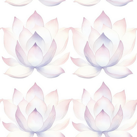 A delicate Thai lotus flower pattern, with soft watercolor petals arranged in a repeating symmetrical design, inspired by Buddhist artの素材