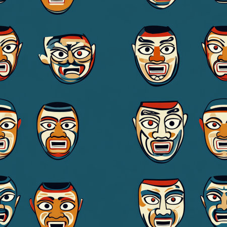 A Korean Hahoetal mask pattern, where stylized traditional wooden mask faces are arranged in a repeating playful designの素材
