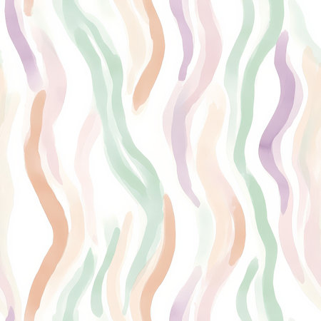 A delicate, hand-painted watercolor line pattern, with soft wavy strokes in shades of lavender, mint, and peach, creating an artistic and gentle designの素材