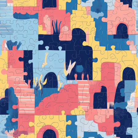 A fun puzzle world pattern where kids explore giant puzzle pieces that form secret paths, staircases, and magical doorsの素材