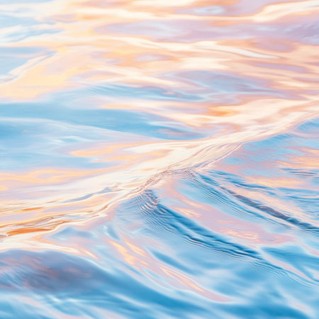 A peaceful sunrise ocean wave illustration with soft pastel blues, peachy pinks, and golden highlights. The gentle movement of water reflects the morning glow.の素材