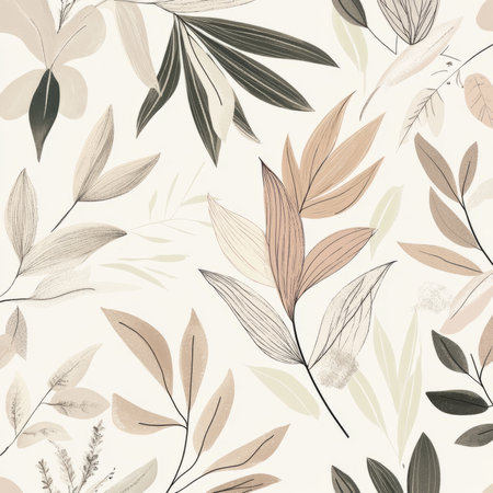 A soft and dreamy tropical plant illustration with delicate hand-drawn leaves and florals. Muted earth tones and fine sketch-style details create an elegant, minimalistic botanical aesthetic perfect for fashion and home decor.の素材